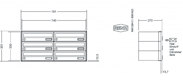 RENZ Briefkastenanlage Unterputz, Schattenfugenrahmen, Kastenformat 370x110x270mm, 6-teilig,